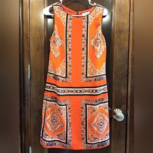 Carmen Marc Valvo orange dress - scarf print sleeveless black zip back shift - 6